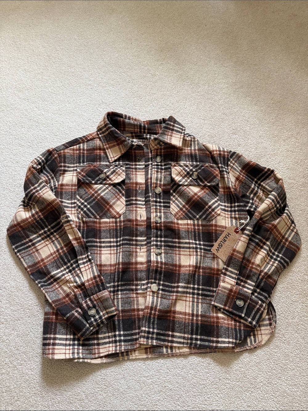 Plaid Button-Up Flannel Shirt in Brown & Cream